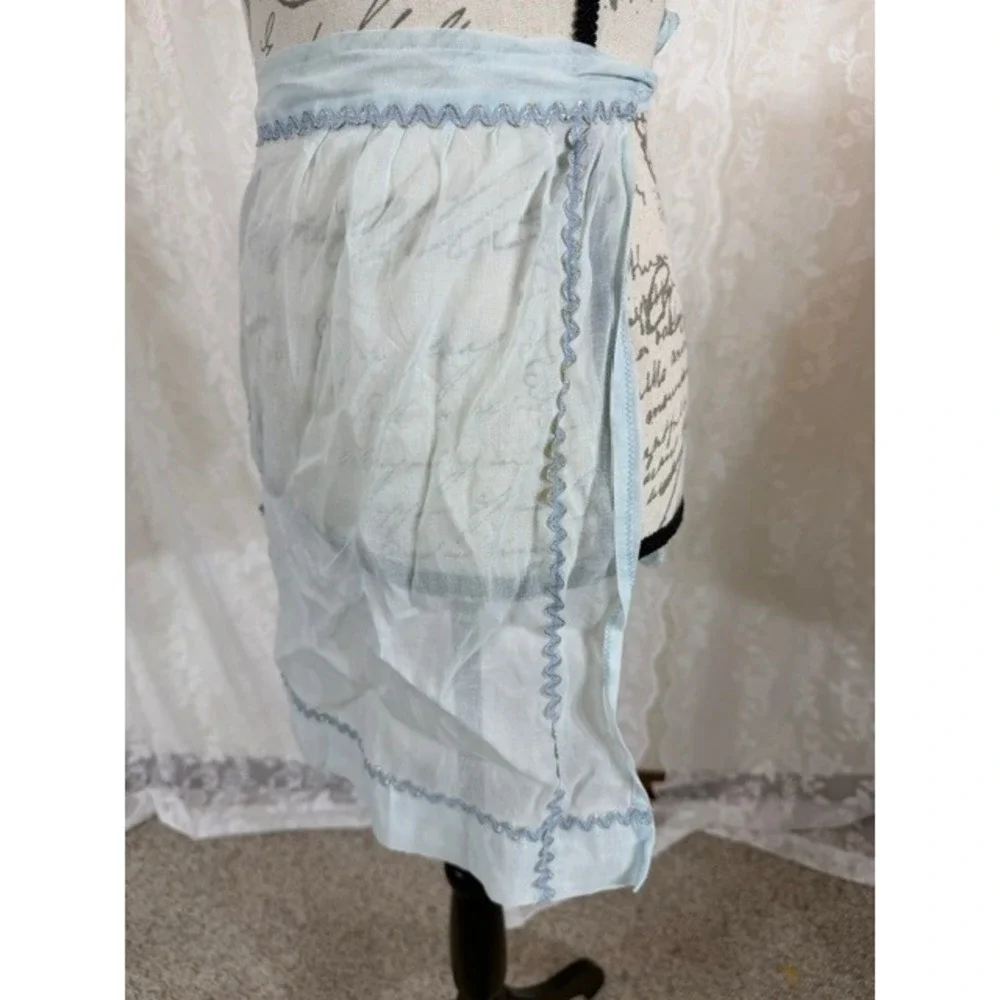 Vintage 40's Handmade Sheer Blue Half Apron Rick Rack Trim Floral Pocket Retro